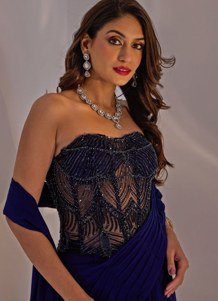 Midnight Blue Georgette Pre - Draped Saree With Corset Blouse Rashika Sharma - Fabilicious Fashion