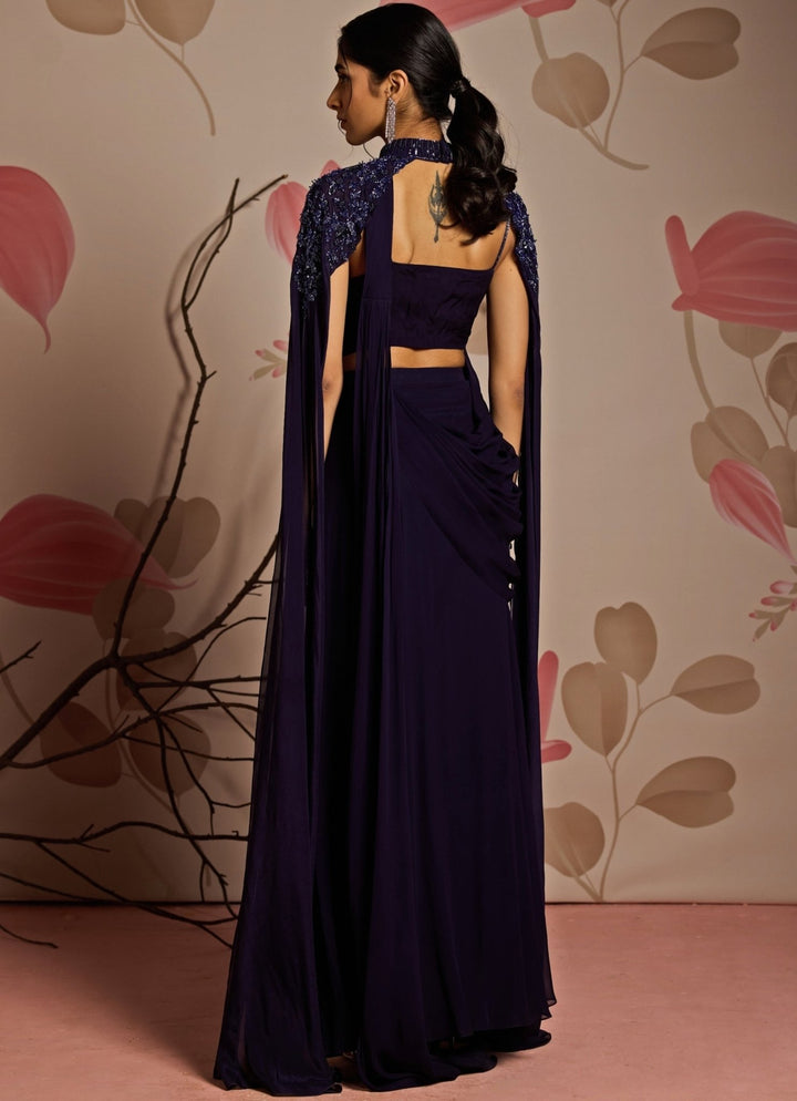 Midnight Blue Georgette Predraped Saree Set With Cape Seema Thukral - Fabilicious Fashion