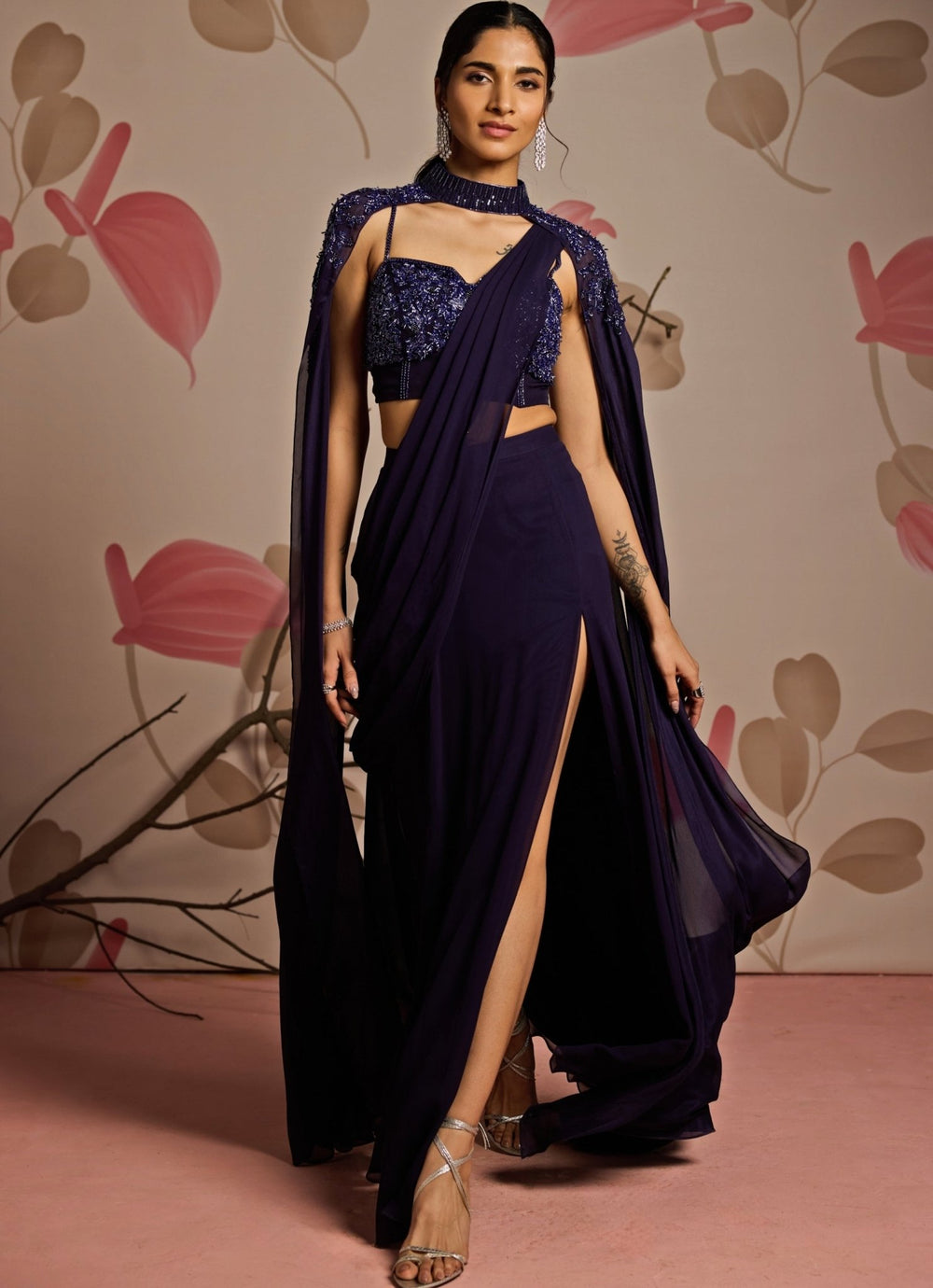 Midnight Blue Georgette Predraped Saree Set With Cape Seema Thukral - Fabilicious Fashion