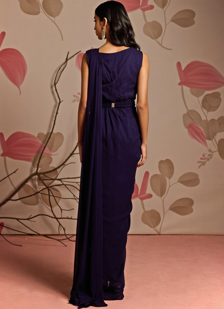 Midnight Blue Georgette Predraped Saree Set Seema Thukral - Fabilicious Fashion