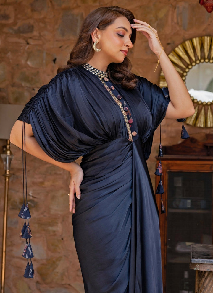 Studio Surbhi Midnight Blue Georgette Satin Kaftan GownFabilicious Fashion