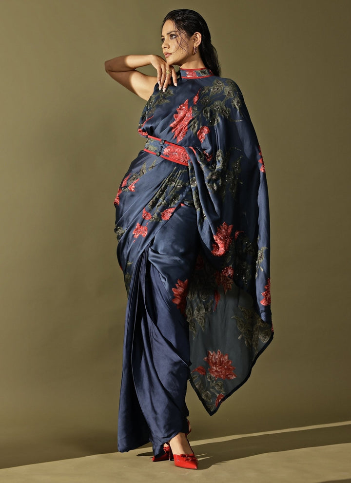 Studio Surbhi Midnight Blue Georgette Satin Pre-Draped SareeFabilicious Fashion