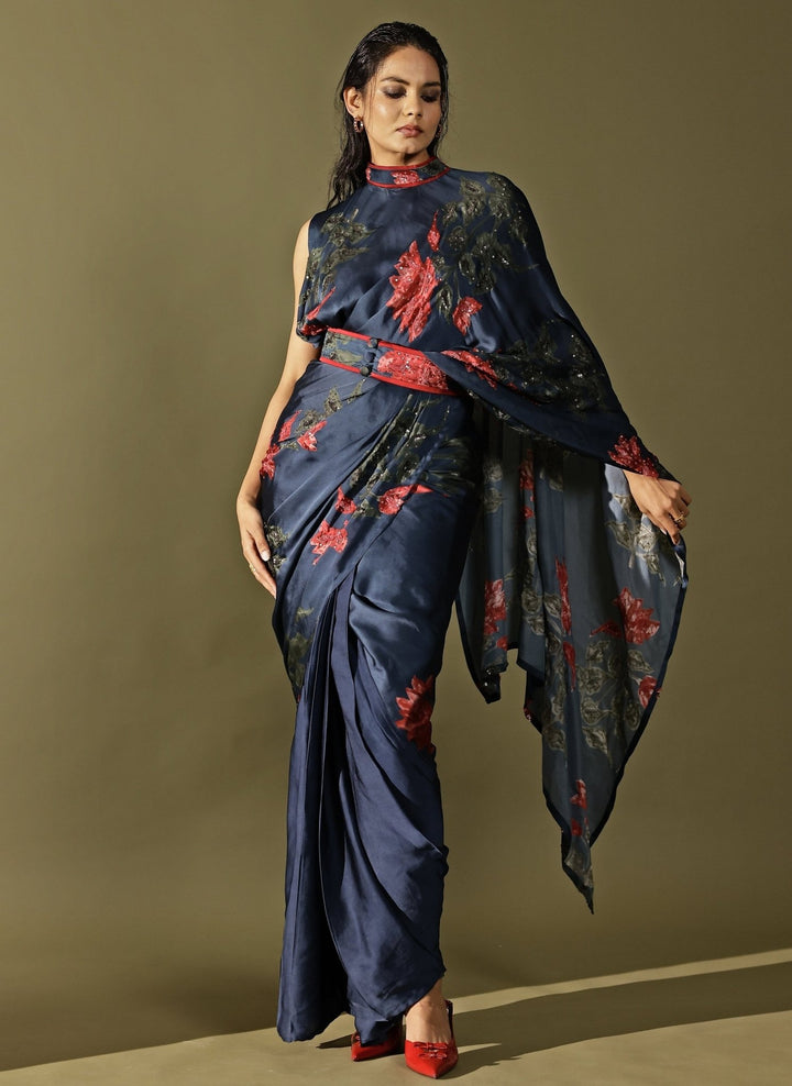Studio Surbhi Midnight Blue Georgette Satin Pre-Draped SareeFabilicious Fashion