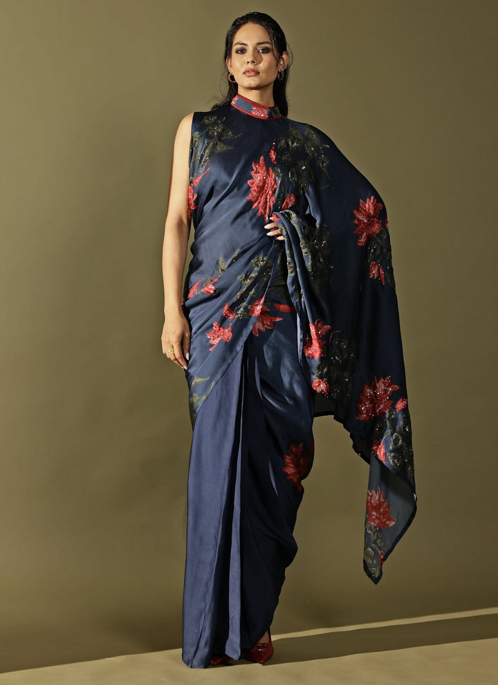 Studio Surbhi Midnight Blue Georgette Satin Pre-Draped SareeFabilicious Fashion