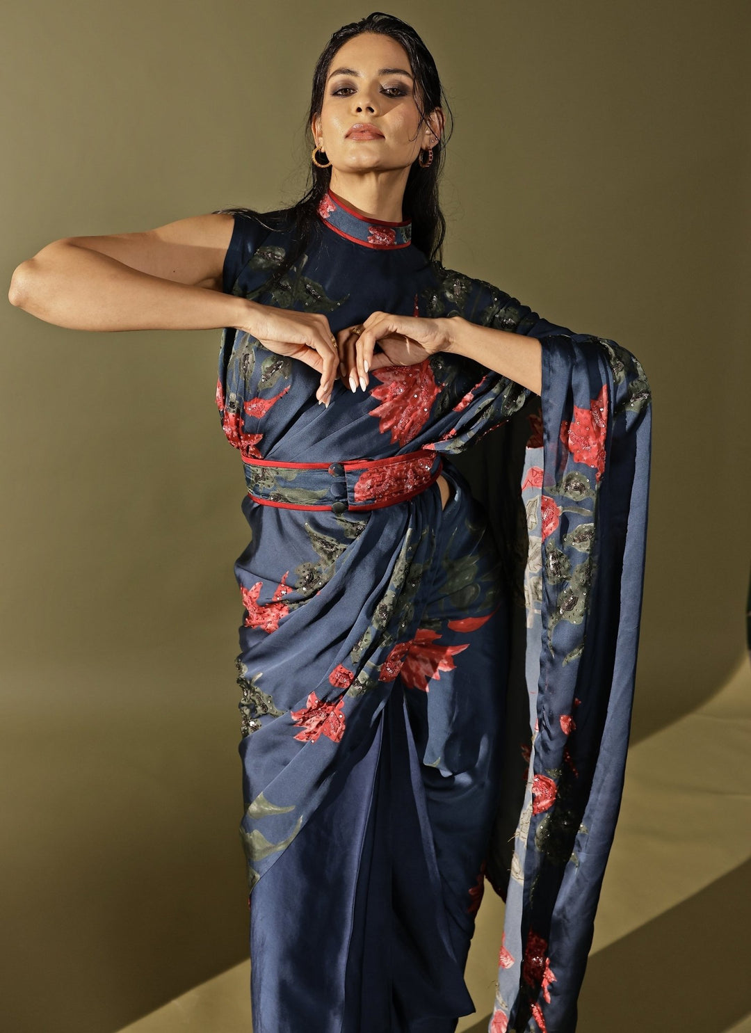 Studio Surbhi Midnight Blue Georgette Satin Pre-Draped SareeFabilicious Fashion