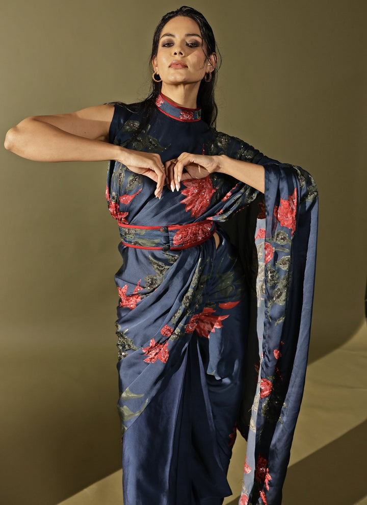 Studio Surbhi Midnight Blue Georgette Satin Pre-Draped SareeFabilicious Fashion