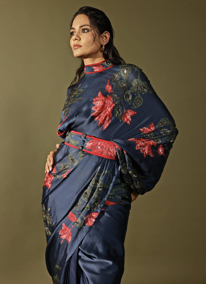 Studio Surbhi Midnight Blue Georgette Satin Pre-Draped SareeFabilicious Fashion