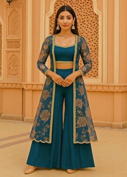 Midnight Blue Georgette Sharara Set With Jacket Anisha Shetty - Fabilicious Fashion