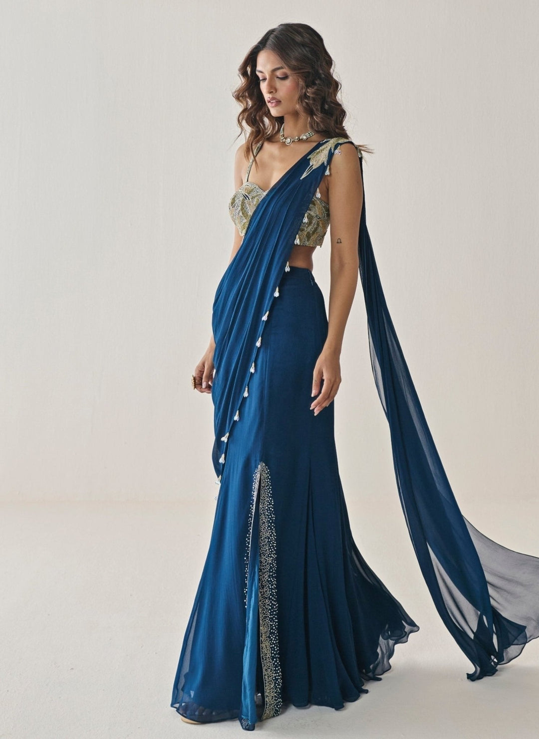 Seema Thukral Midnight Blue Georgette Slit Concept SareeFabilicious Fashion