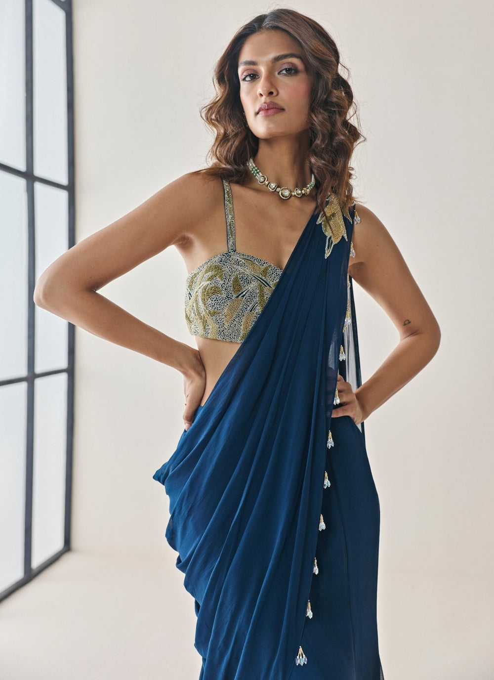 Seema Thukral Midnight Blue Georgette Slit Concept SareeFabilicious Fashion
