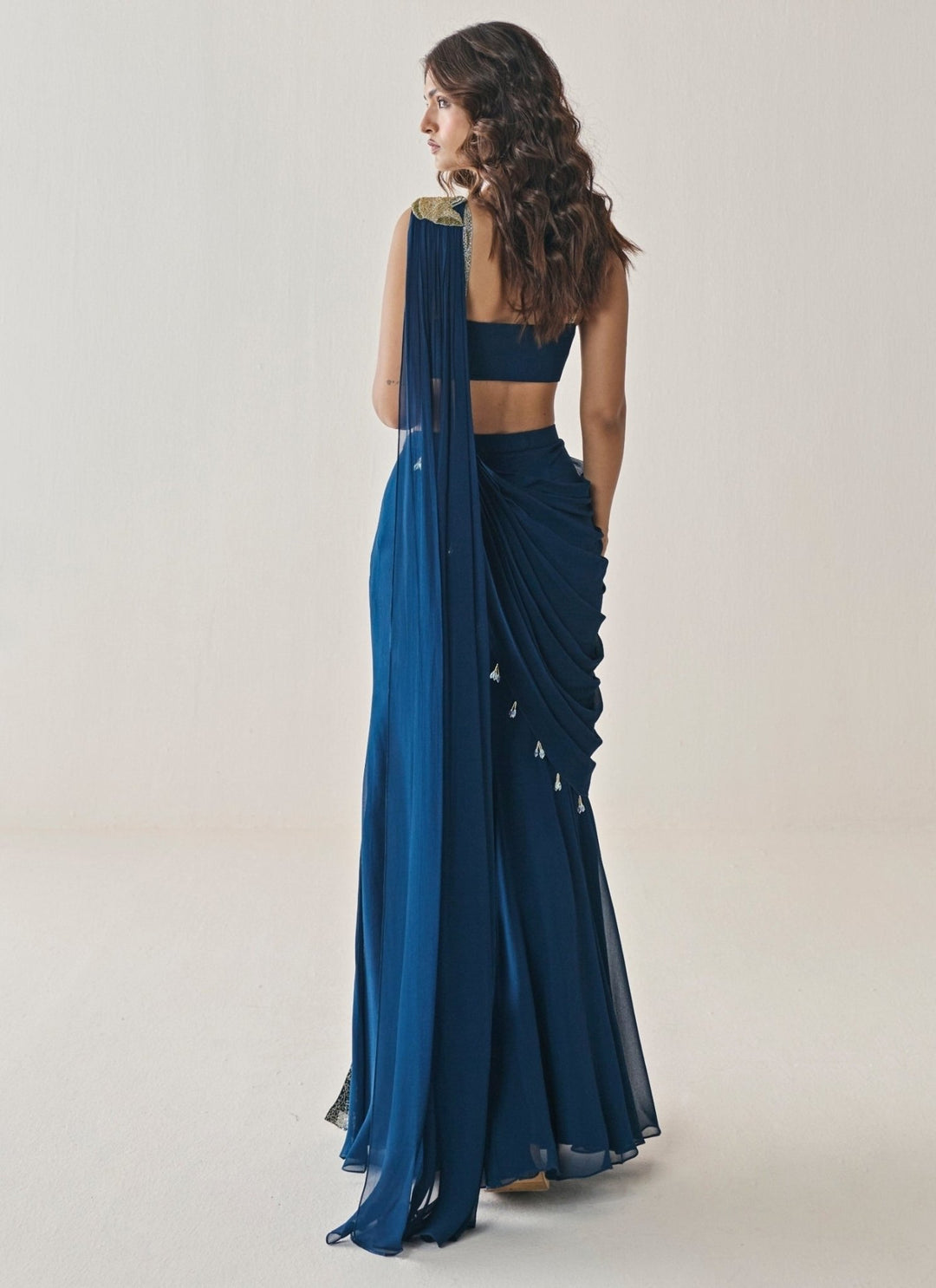 Seema Thukral Midnight Blue Georgette Slit Concept SareeFabilicious Fashion