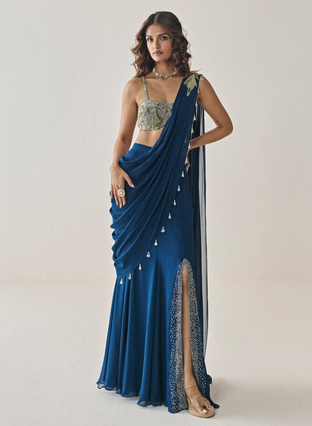 Seema Thukral Midnight Blue Georgette Slit Concept SareeFabilicious Fashion