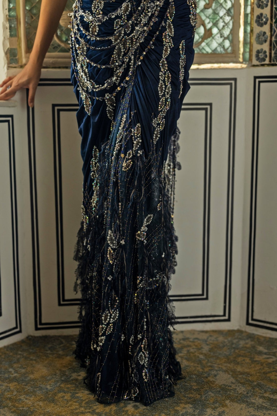 Moledro Midnight Blue Halterneck Shimmer Pre-Draped SareeFabilicious Fashion