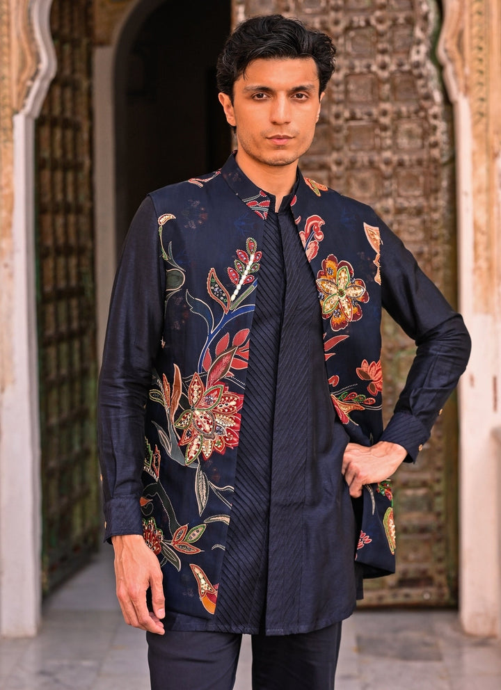 Juhi Bengani - Men Midnight Blue Kurta Set with Printed Organza Half JacketFabilicious Fashion