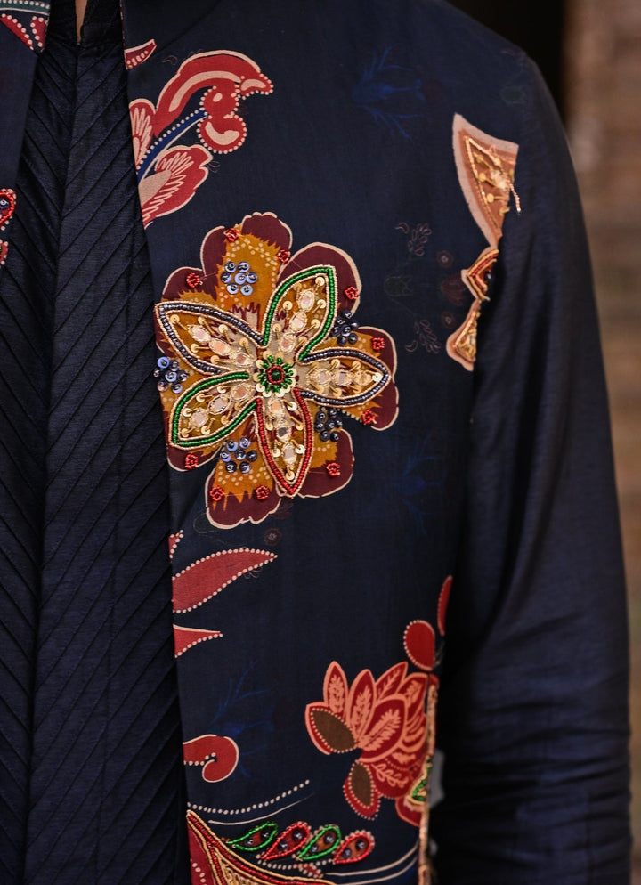 Juhi Bengani - Men Midnight Blue Kurta Set with Printed Organza Half JacketFabilicious Fashion