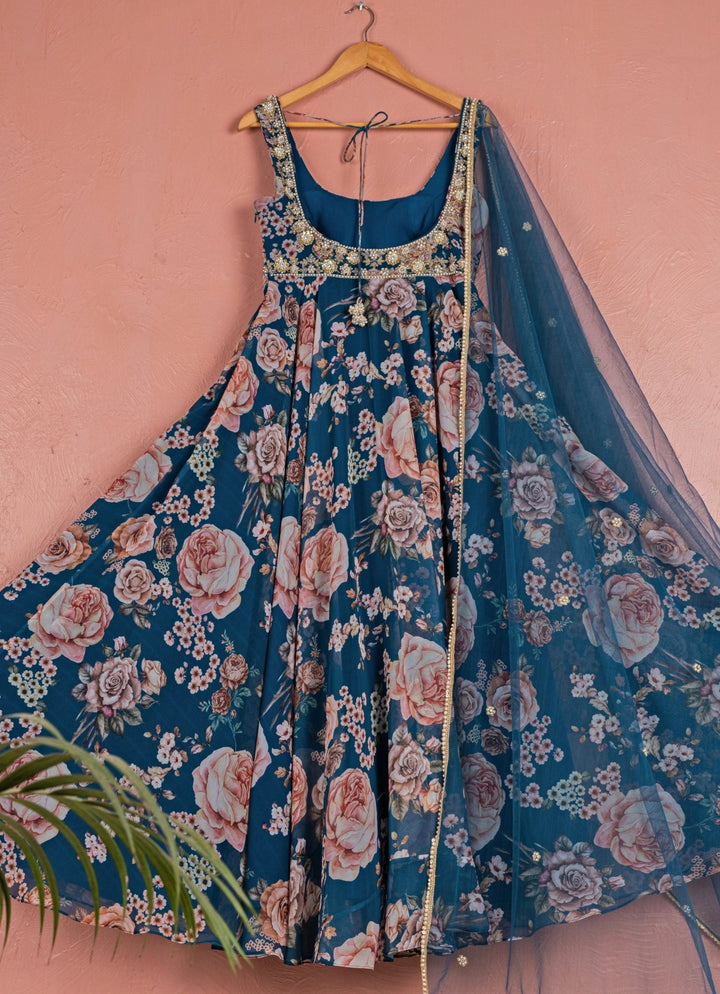 Midnight Blue Printed Georgette Anarkali Set Anisha Shetty - Fabilicious Fashion