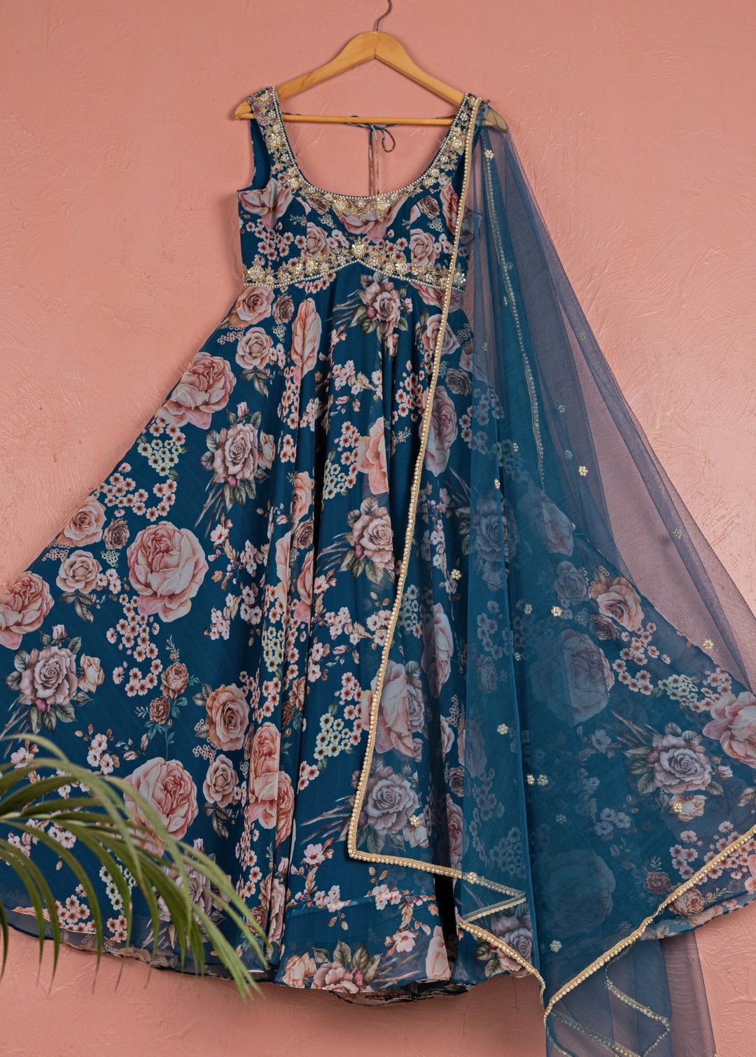 Midnight Blue Printed Georgette Anarkali Set Anisha Shetty - Fabilicious Fashion