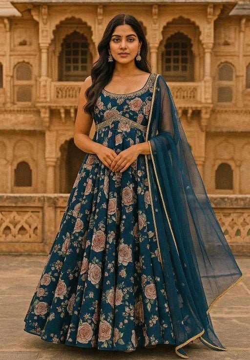 Midnight Blue Printed Georgette Anarkali Set Anisha Shetty - Fabilicious Fashion