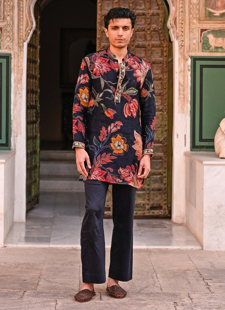 Juhi Bengani - Men Midnight Blue Printed Organza Kurta Pants SetFabilicious Fashion