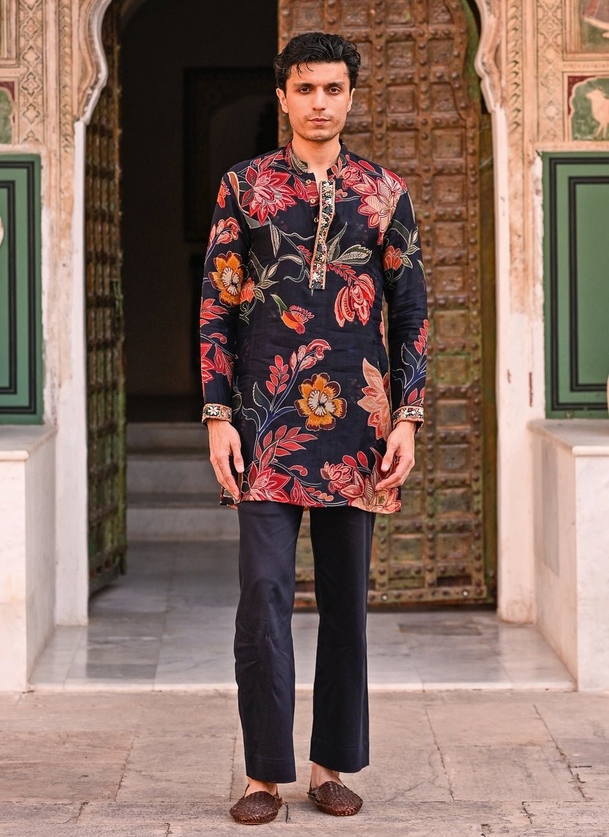 Juhi Bengani - Men Midnight Blue Printed Organza Kurta Pants SetFabilicious Fashion