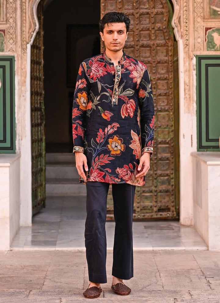 Juhi Bengani - Men Midnight Blue Printed Organza Kurta Pants SetFabilicious Fashion