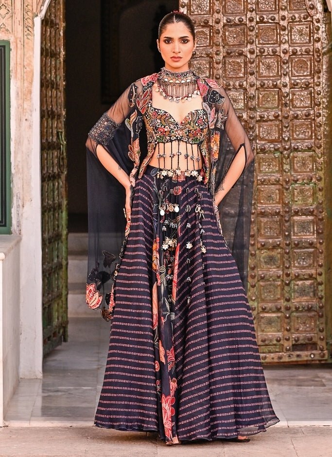 Juhi Bengani Midnight Blue Printed Organza Lehenga Set With CapeFabilicious Fashion