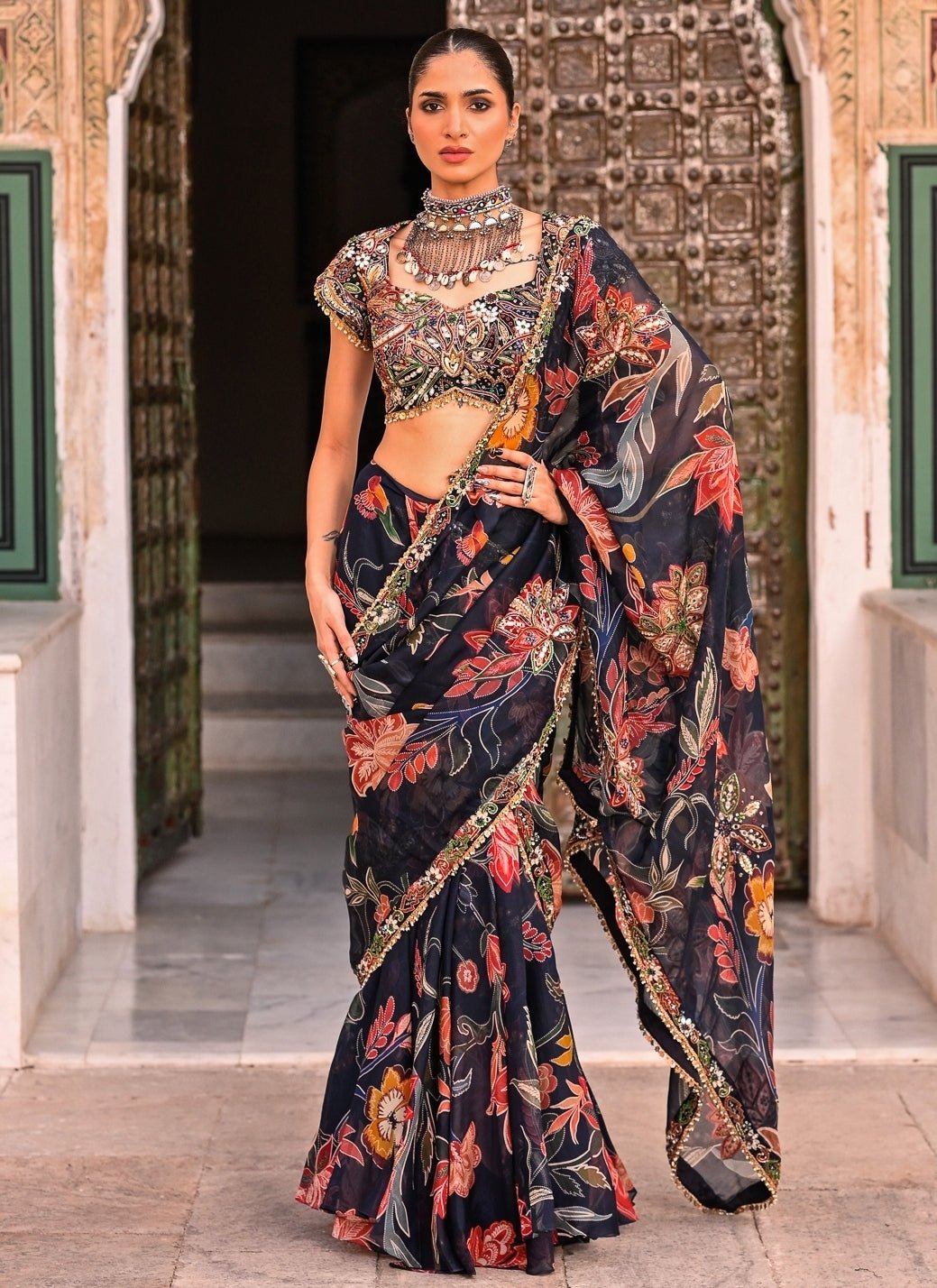 Juhi Bengani Midnight Blue Printed Organza Pre-Draped SareeFabilicious Fashion