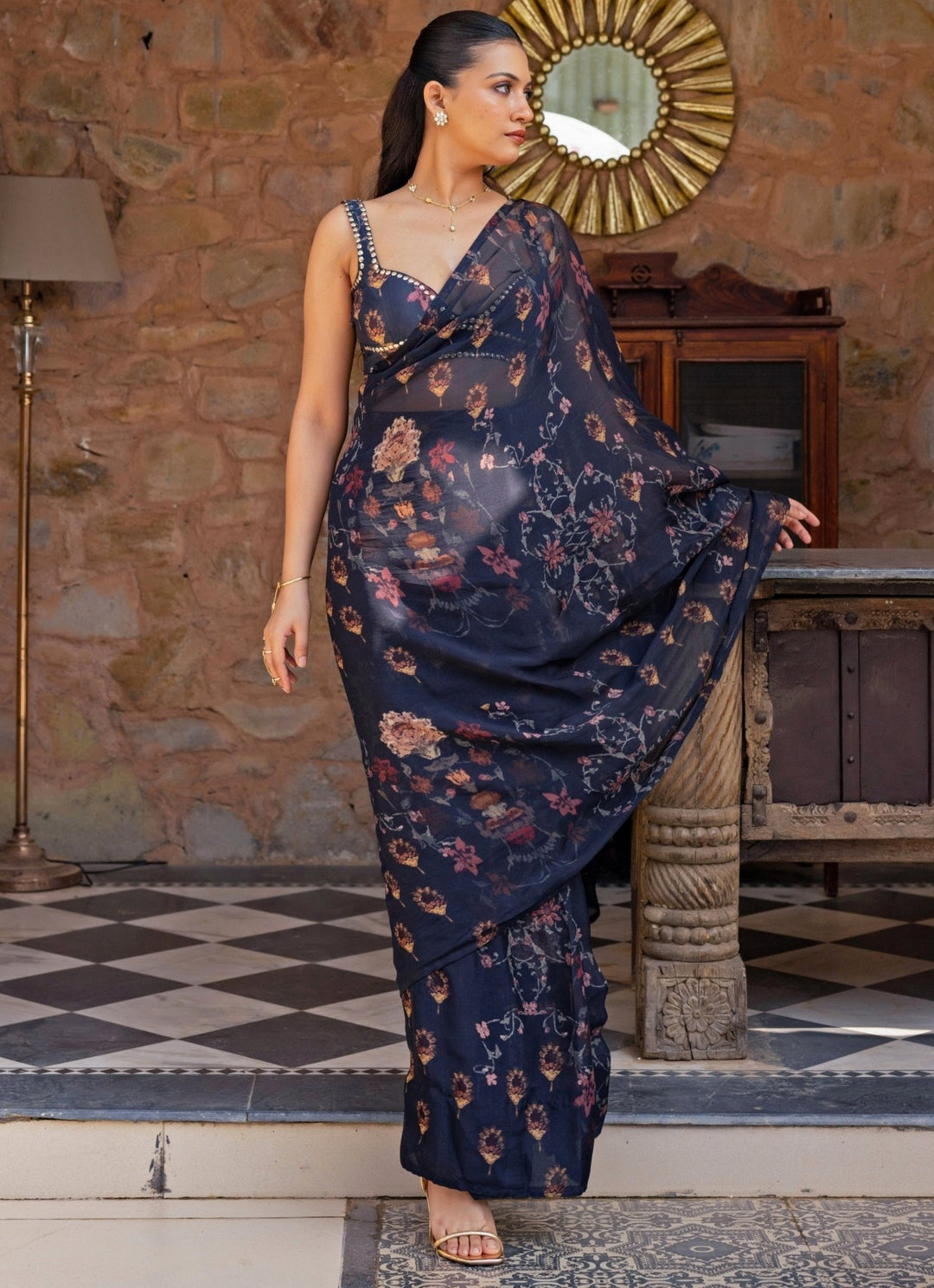 Studio Surbhi Midnight Blue Printed Organza Pre-Draped SareeFabilicious Fashion