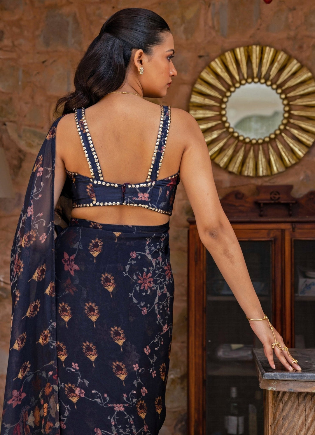 Studio Surbhi Midnight Blue Printed Organza Pre-Draped SareeFabilicious Fashion