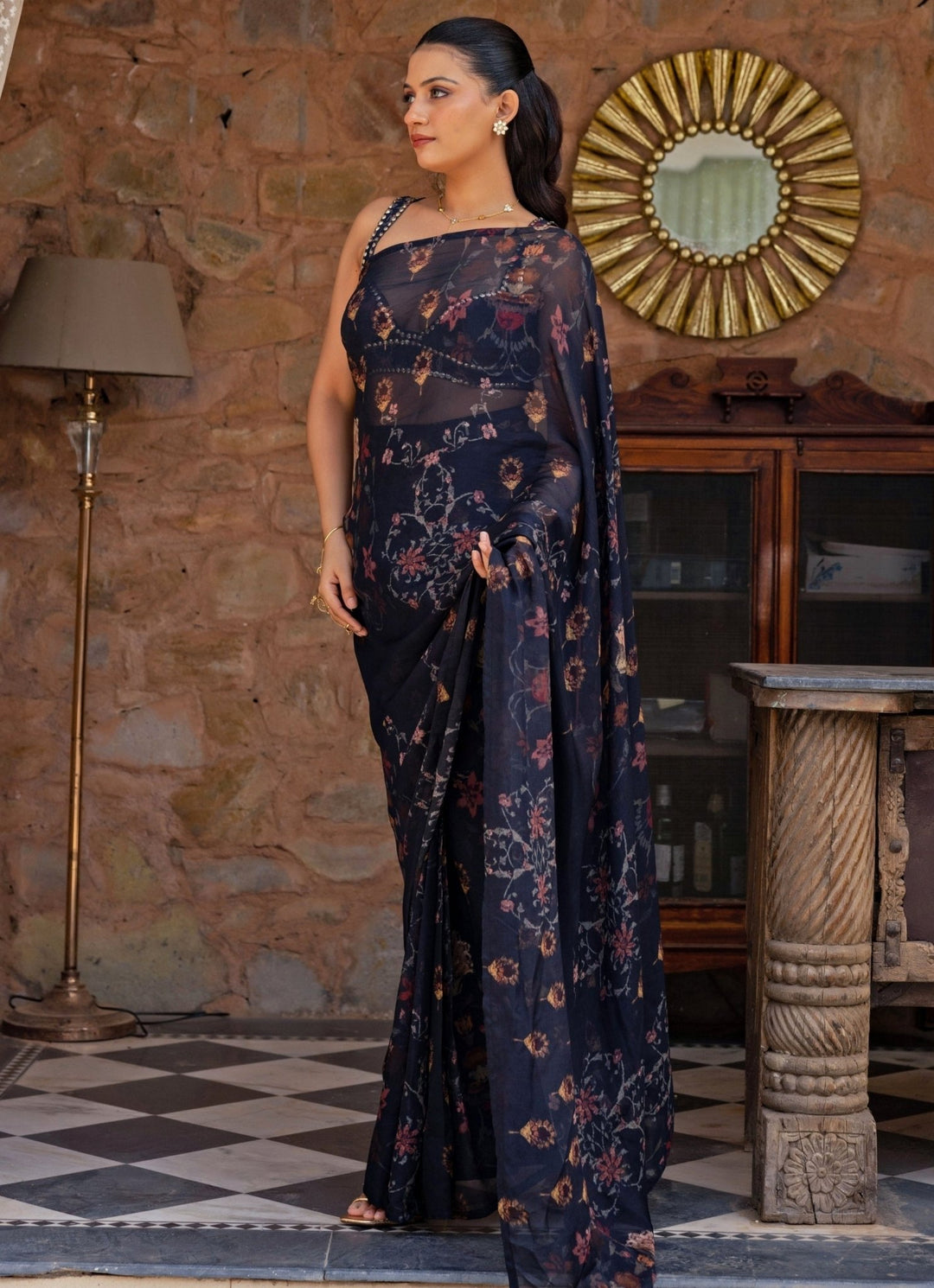 Studio Surbhi Midnight Blue Printed Organza Pre-Draped SareeFabilicious Fashion