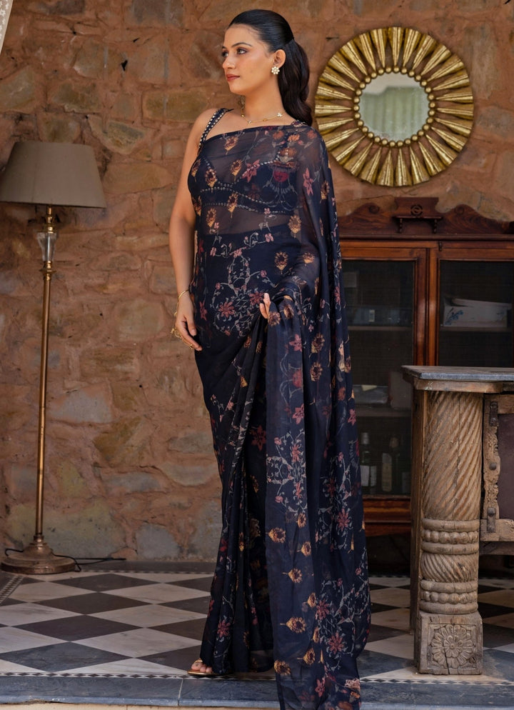 Studio Surbhi Midnight Blue Printed Organza Pre-Draped SareeFabilicious Fashion