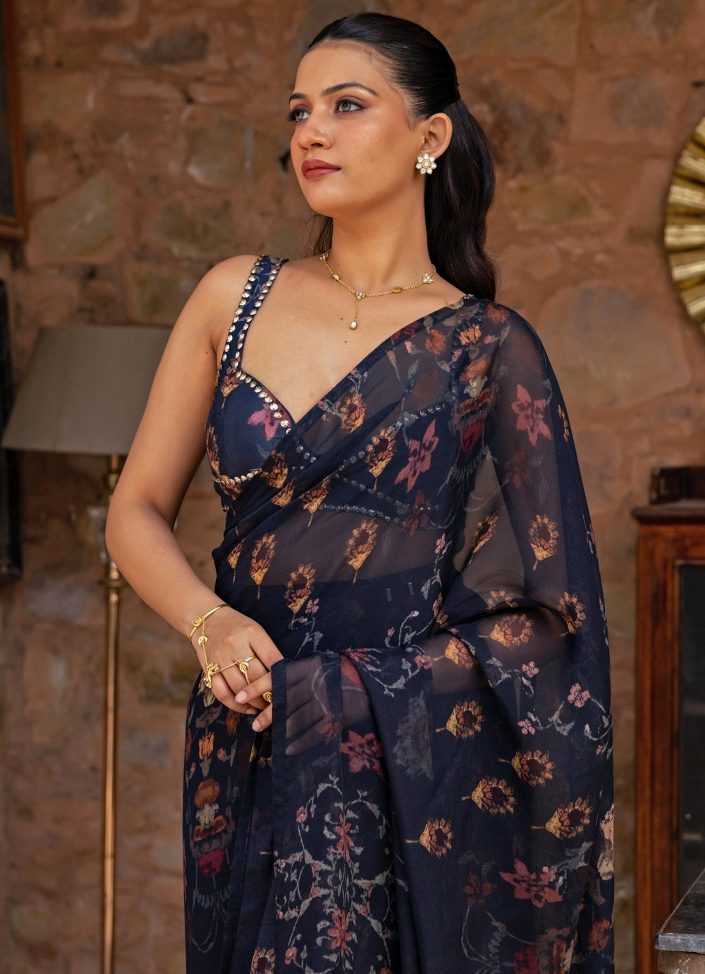 Studio Surbhi Midnight Blue Printed Organza Pre-Draped SareeFabilicious Fashion