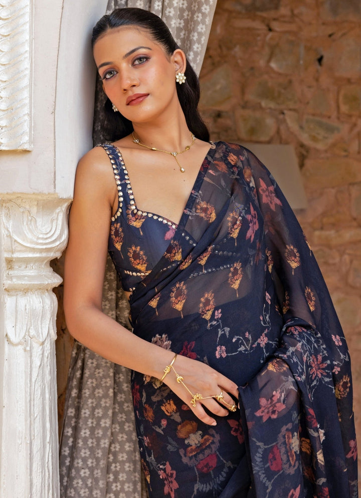 Studio Surbhi Midnight Blue Printed Organza Pre-Draped SareeFabilicious Fashion