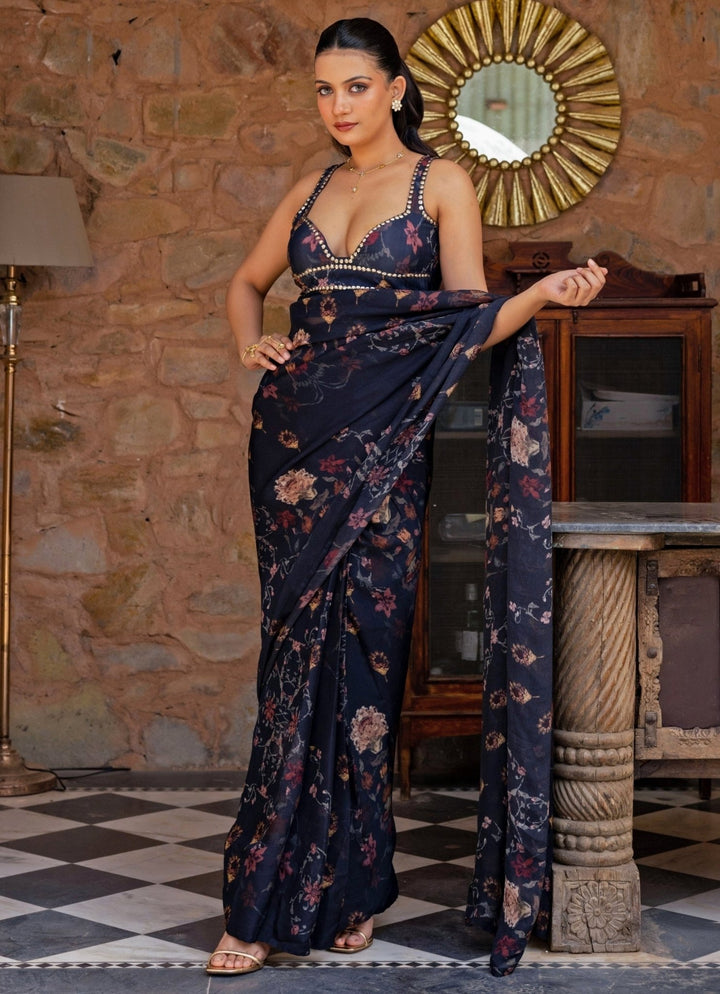Studio Surbhi Midnight Blue Printed Organza Pre-Draped SareeFabilicious Fashion