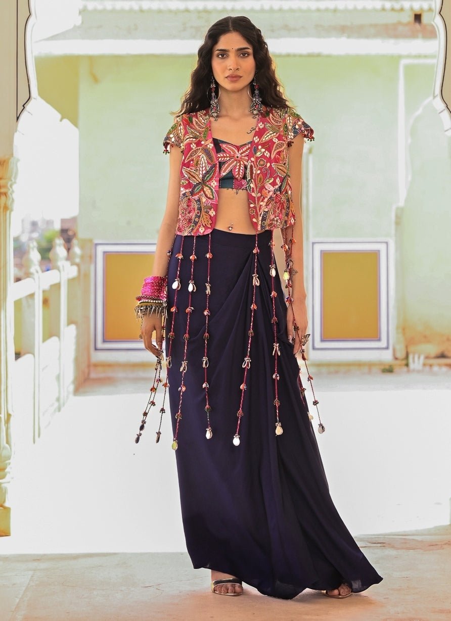 Juhi Bengani Midnight Blue Satin Cowl Skirt Set With JacketFabilicious Fashion