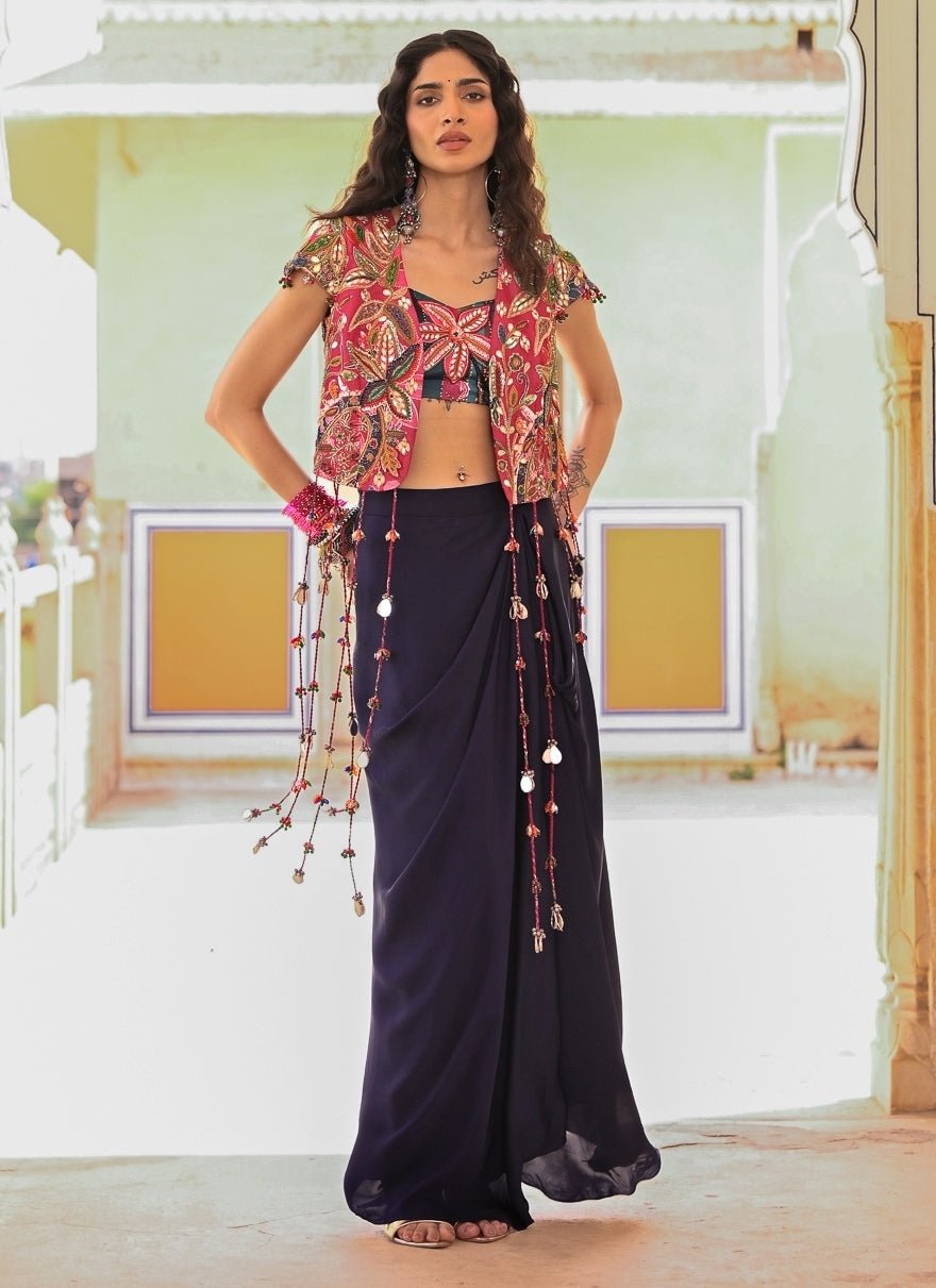 Juhi Bengani Midnight Blue Satin Cowl Skirt Set With JacketFabilicious Fashion