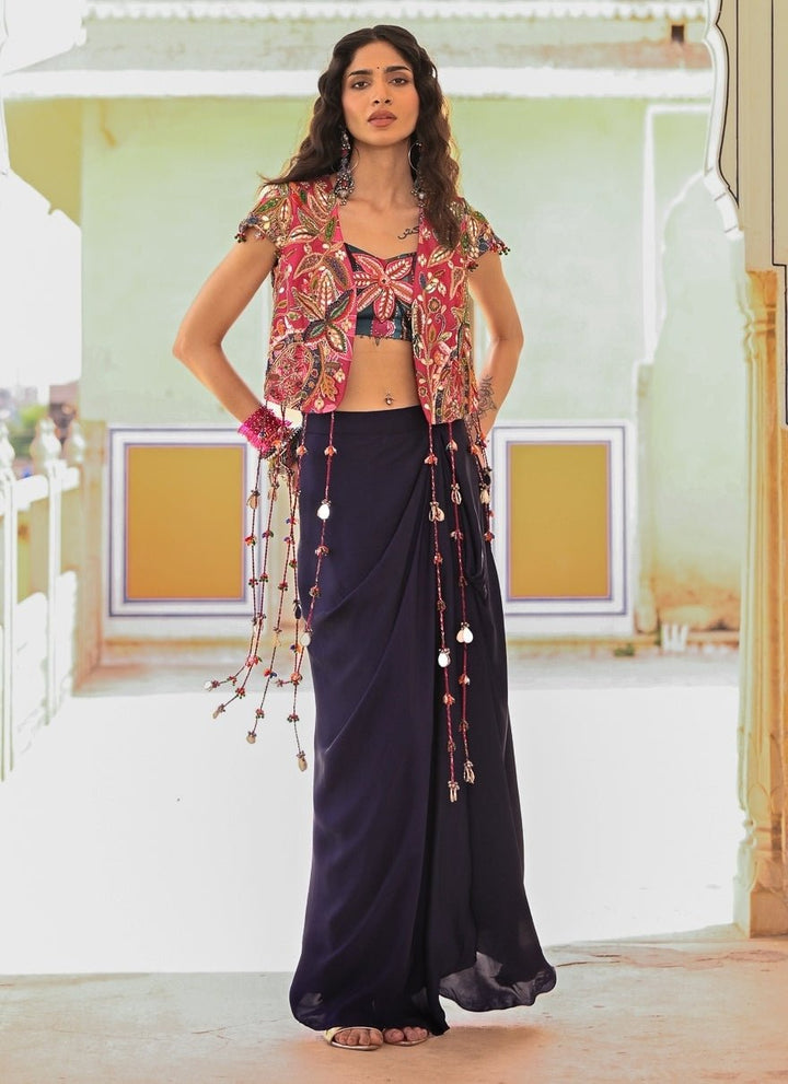 Juhi Bengani Midnight Blue Satin Cowl Skirt Set With JacketFabilicious Fashion