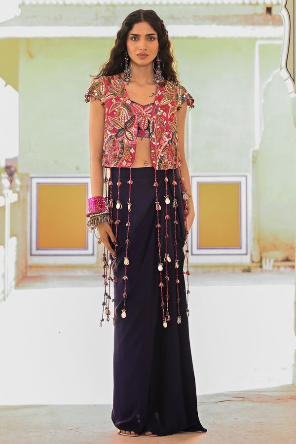 Juhi Bengani midnight blue satin cowl skirt set with jacket for a wedding reception