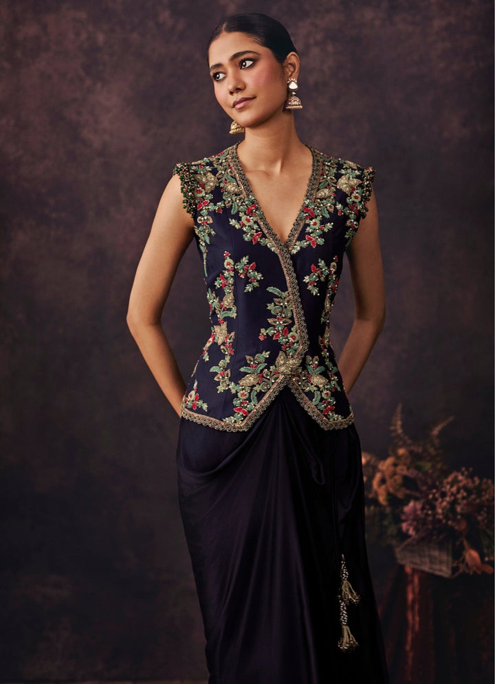 Prisho Midnight Blue Satin Drape Skirt With Jacket SetFabilicious Fashion