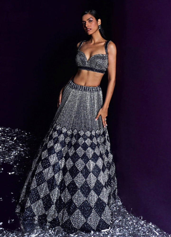 Midnight Blue Sequins Embroidered Bridal Lehenga Set, Angad Singh - Fabilicious Fashion
