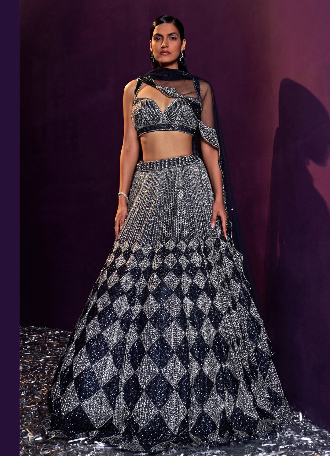 Midnight Blue Sequins Embroidered Bridal Lehenga Set, Angad Singh - Fabilicious Fashion