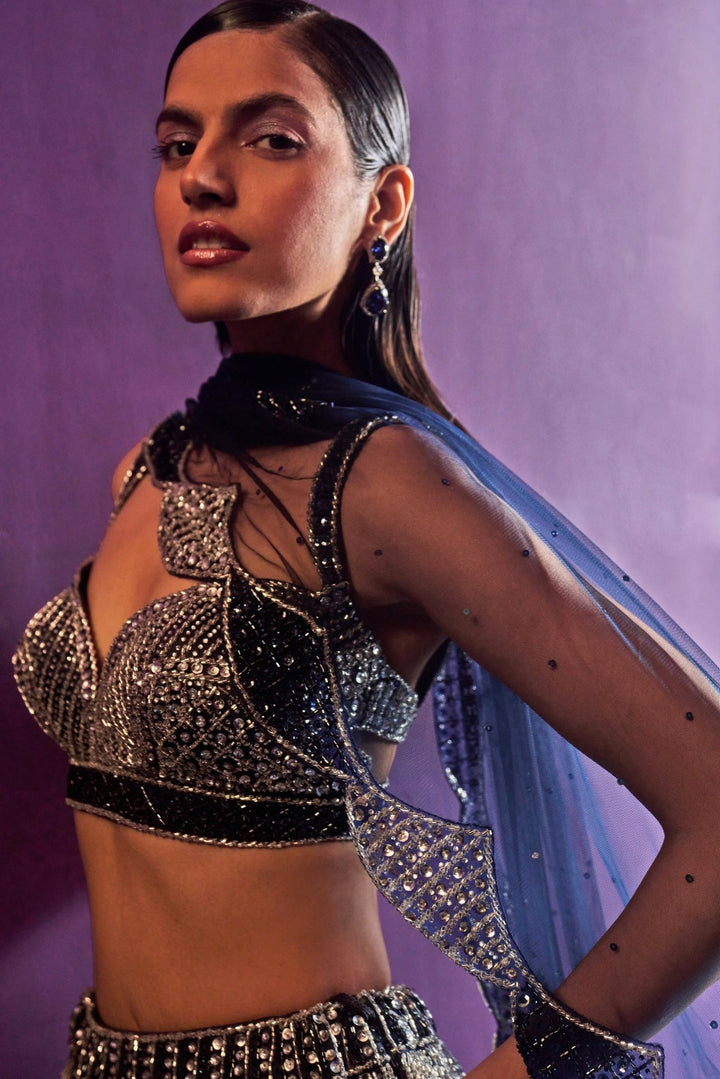Midnight Blue Sequins Embroidered Bridal Lehenga Set, Angad Singh - Fabilicious Fashion