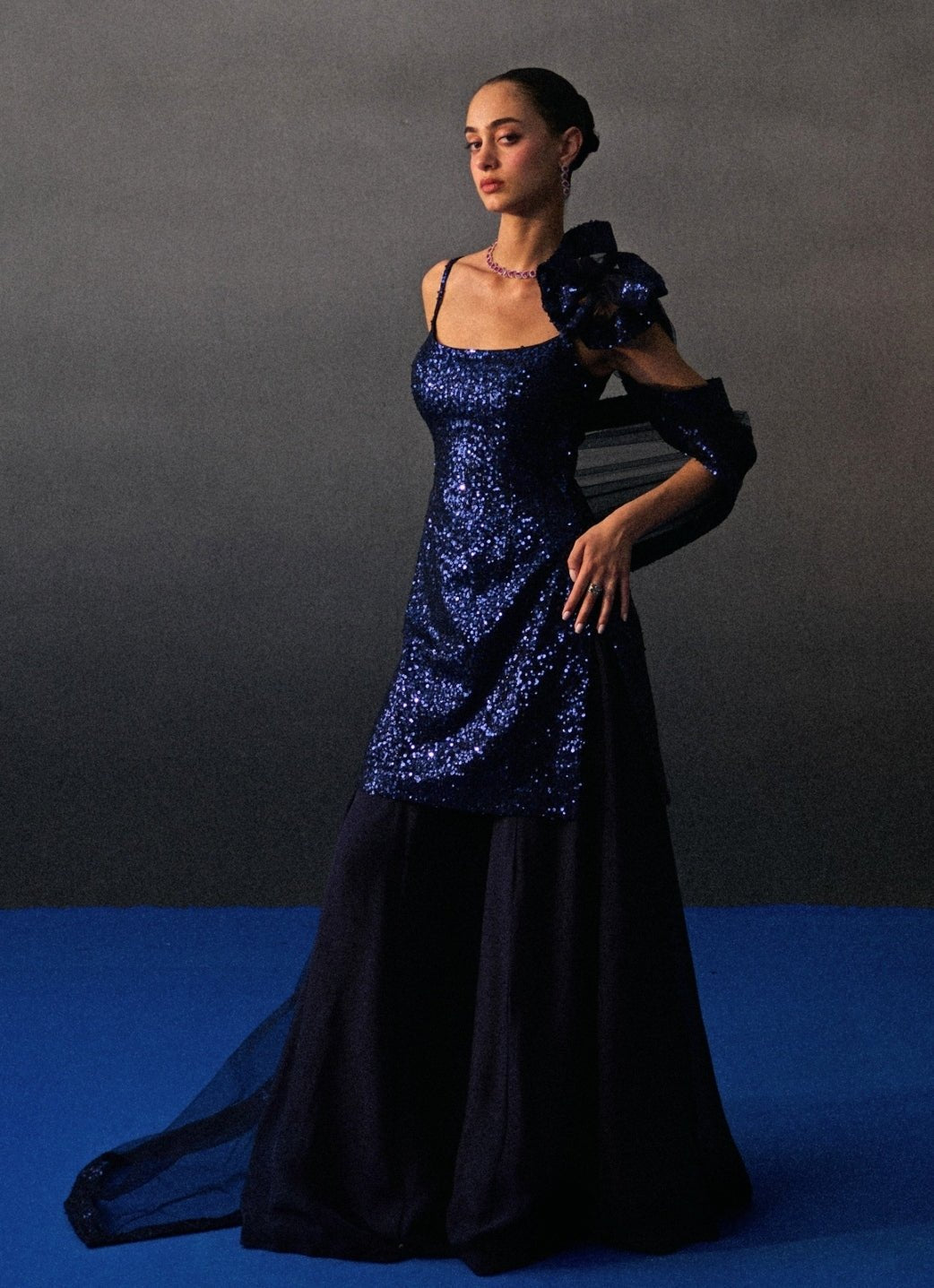 Midnight Blue Sequins Embroidered Kurta Sharara Angad Singh - Fabilicious Fashion