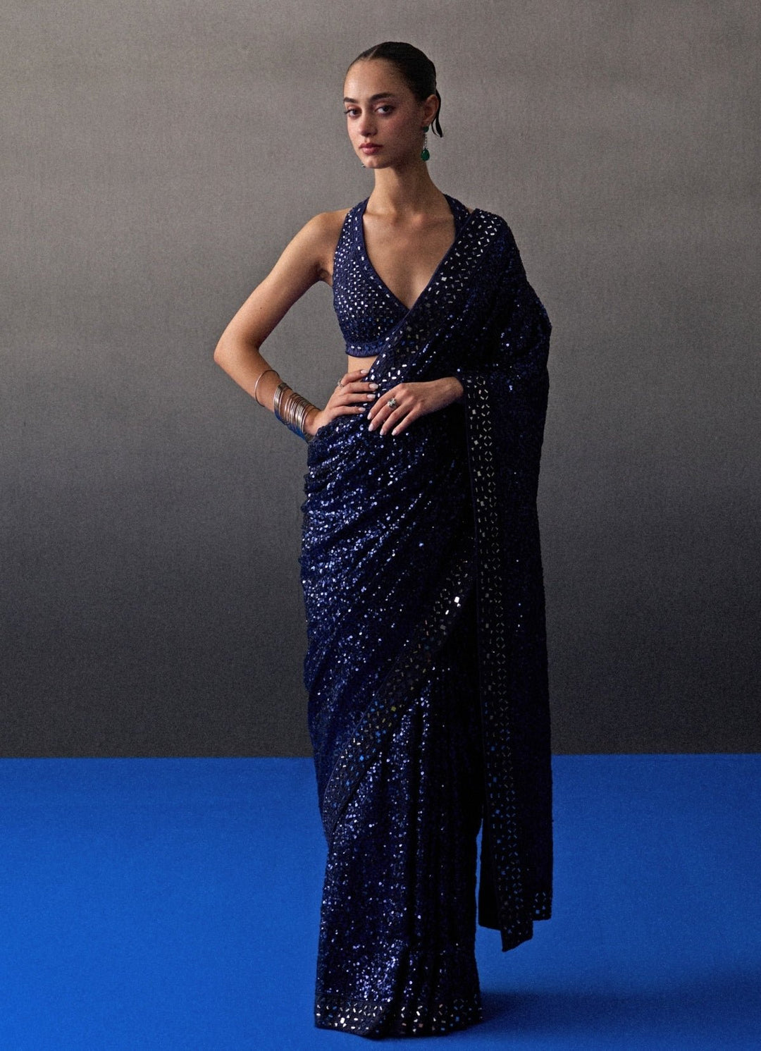 Midnight Blue Sequins Embroidered Saree Angad Singh - Fabilicious Fashion