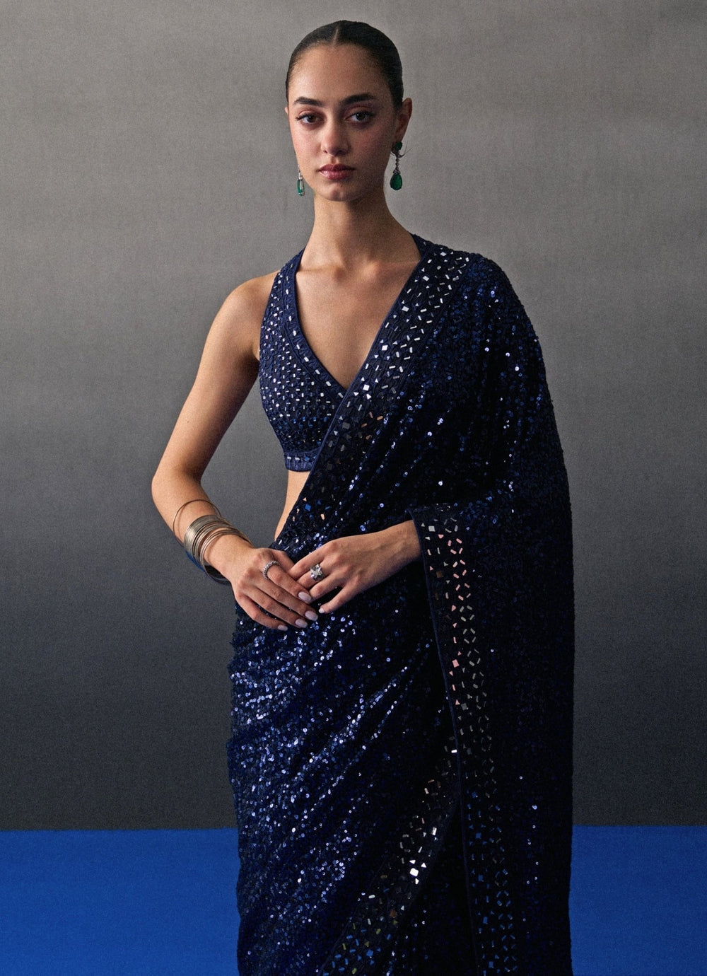 Midnight Blue Sequins Embroidered Saree Angad Singh - Fabilicious Fashion