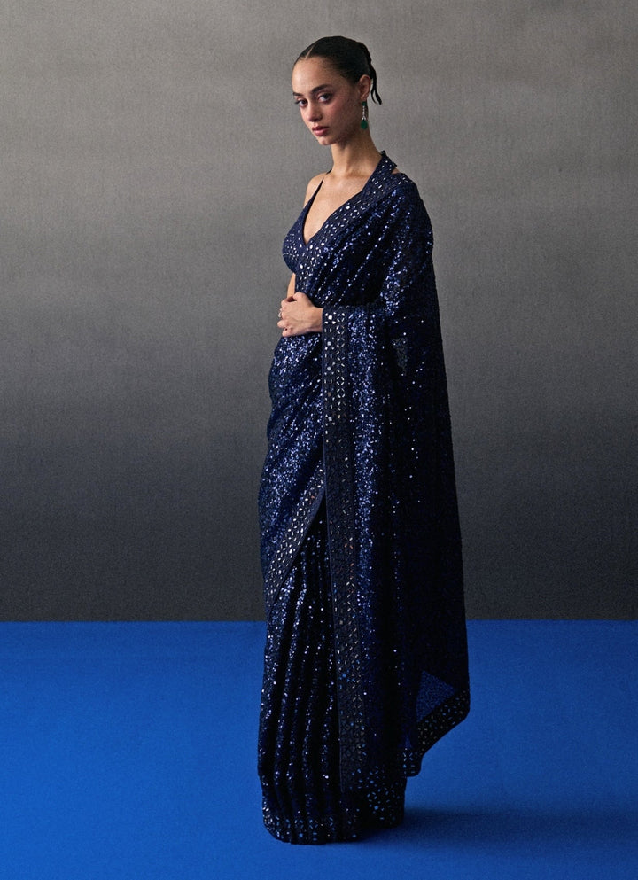 Midnight Blue Sequins Embroidered Saree Angad Singh - Fabilicious Fashion