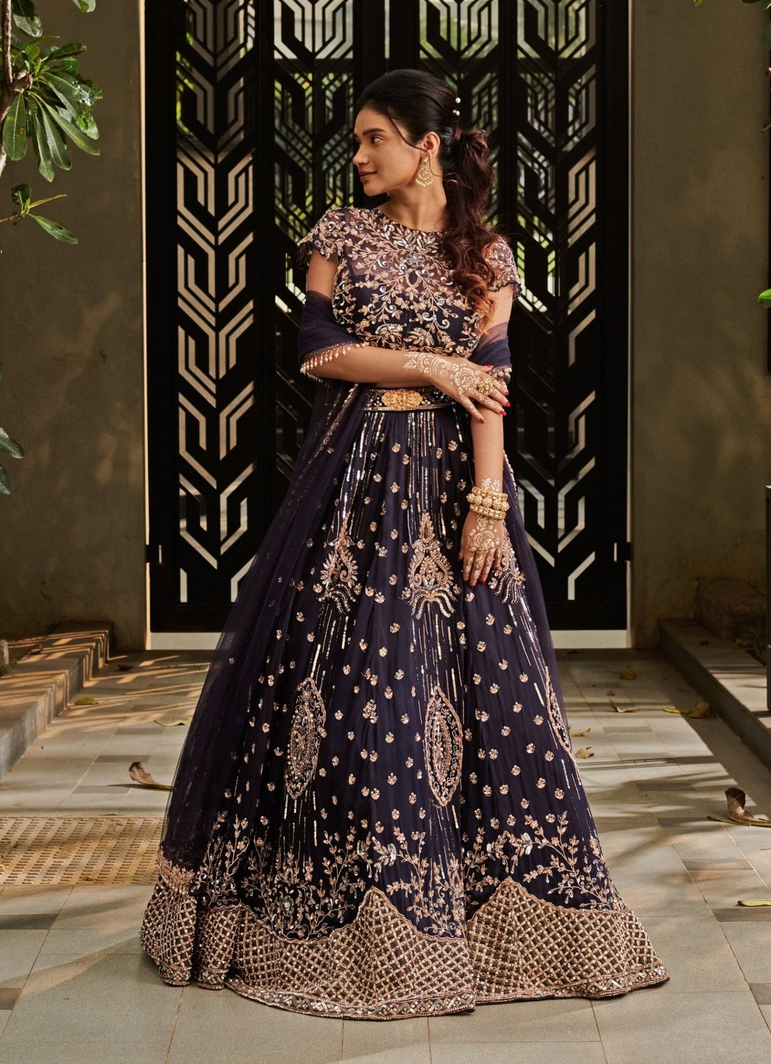 Midnight Blue Silk Applique Lehenga Set Jigar and Nikita - Fabilicious Fashion