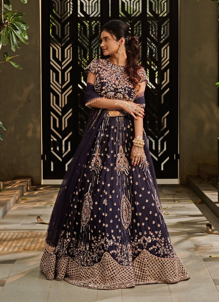 Midnight Blue Silk Applique Lehenga Set Jigar and Nikita - Fabilicious Fashion