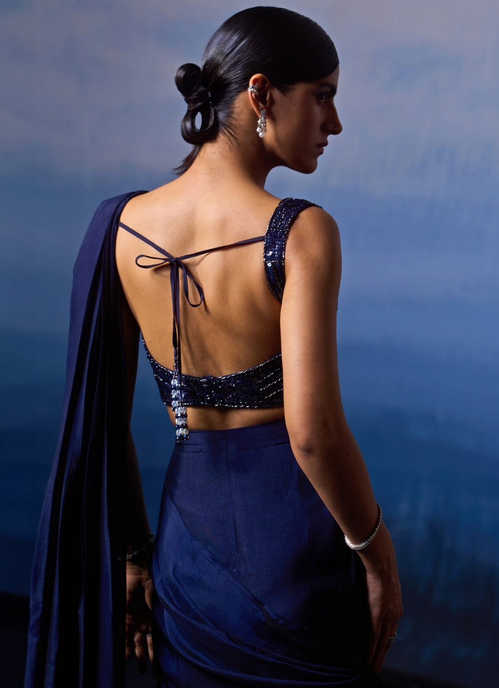 Midnight Blue Silk Sequinned Predraped Saree Angad Singh - Fabilicious Fashion