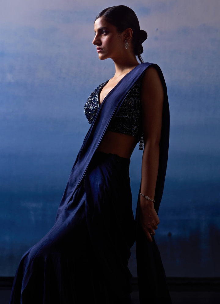 Midnight Blue Silk Sequinned Predraped Saree Angad Singh - Fabilicious Fashion